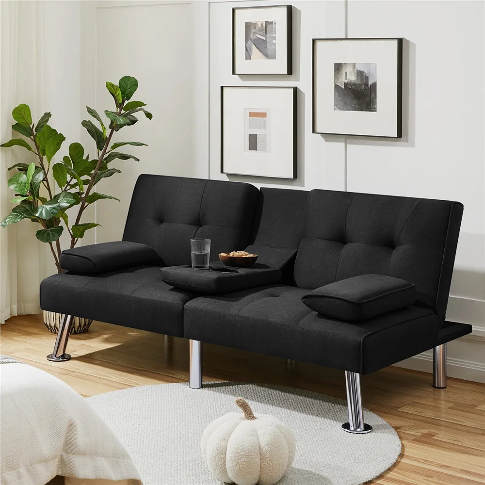 Fabric Upholstered Convertible Futon Sofa Bed with Cup Holders and Pillows, Black