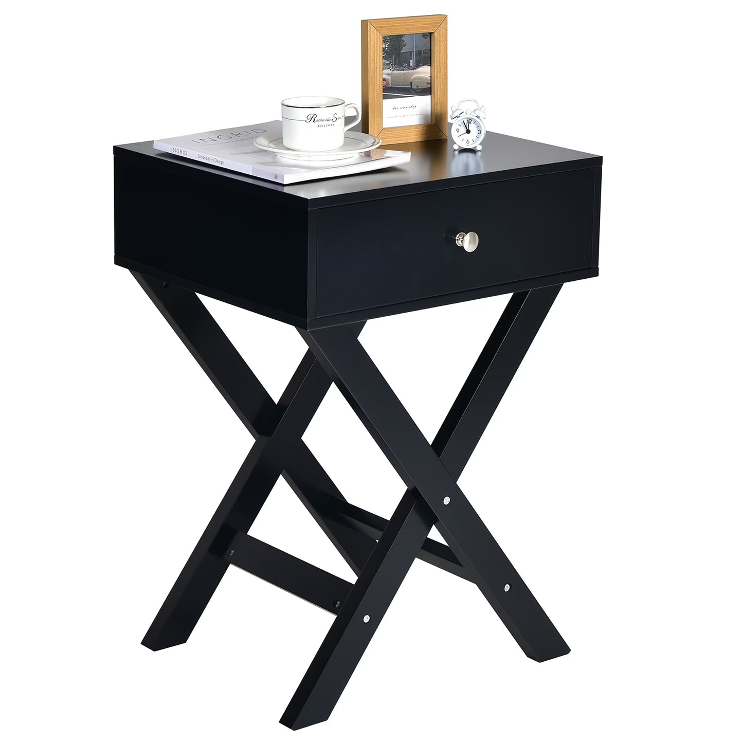 Side Nightstand with Drawer X Shaped Structure Accent Sofa End Table White
