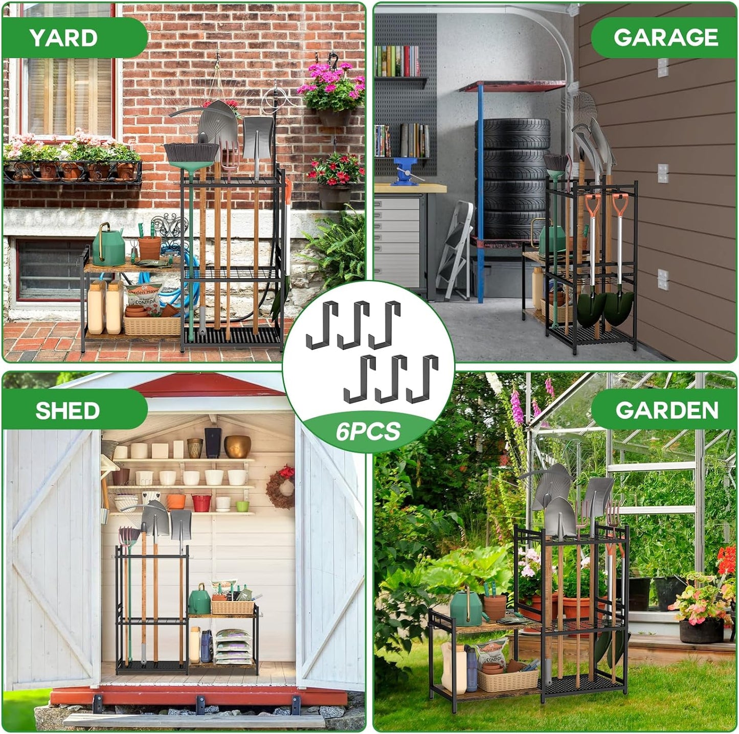 Garage Tool Organizer with 2-Tier Wooden Shelves, Yard Tool Organizer for Garage