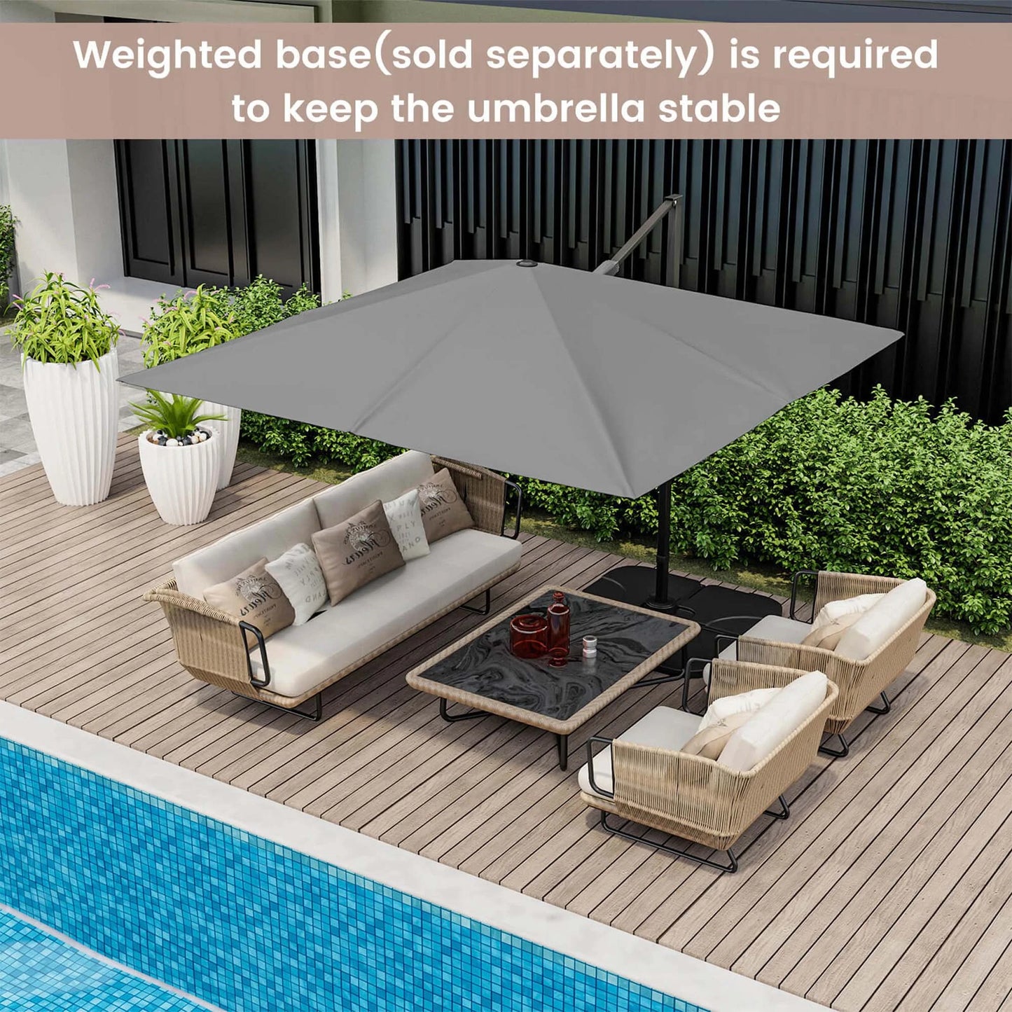 Patio 9.5FT Square Cantilever Offset Hanging Umbrella 2-Tier 360° Outdoor Gray