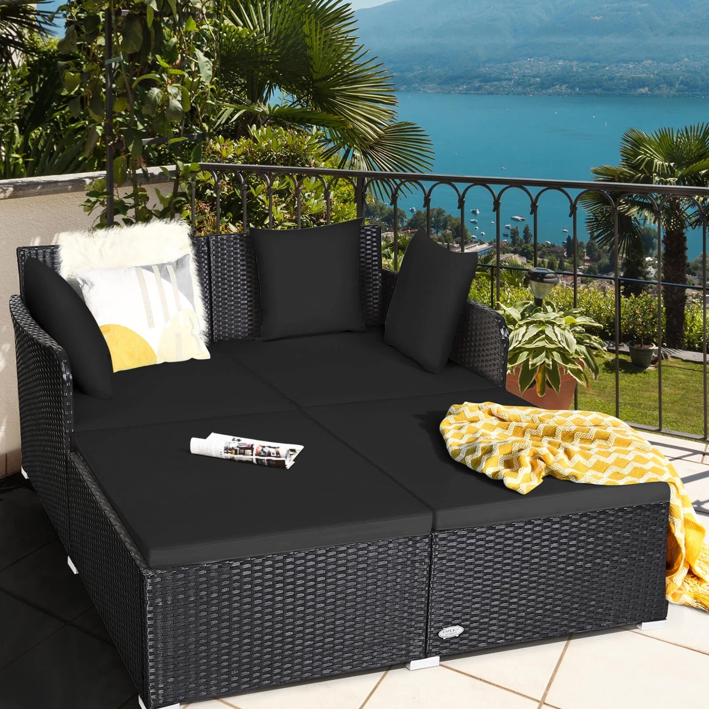 Outdoor Patio Rattan Daybed Pillows Cushioned Sofa Furniture Navy