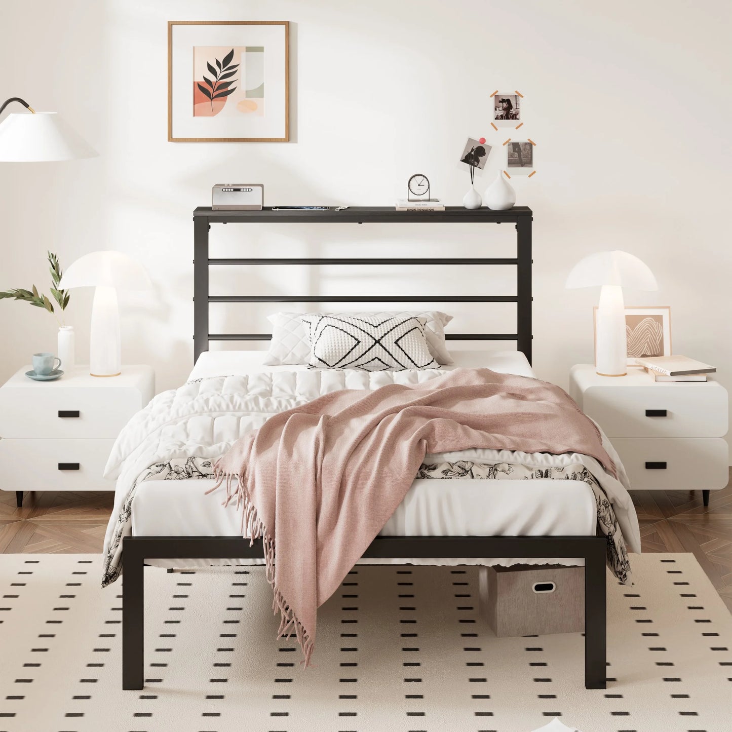 Twin Size Metal Platform Bed Frame with Black Shelf Headboard & Storage, Adult