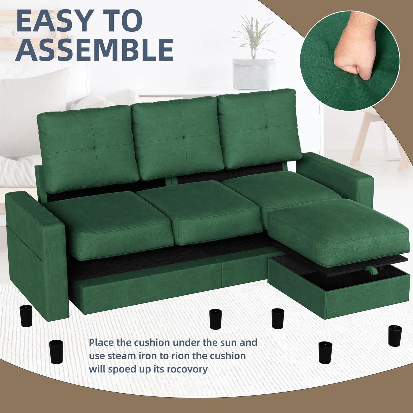 Convertible Sectional Sofa Couch, Modern Linen Fabric L-Shaped 3-Seat Sofa Sectional with Reversible Chaise for Small Space (Green)