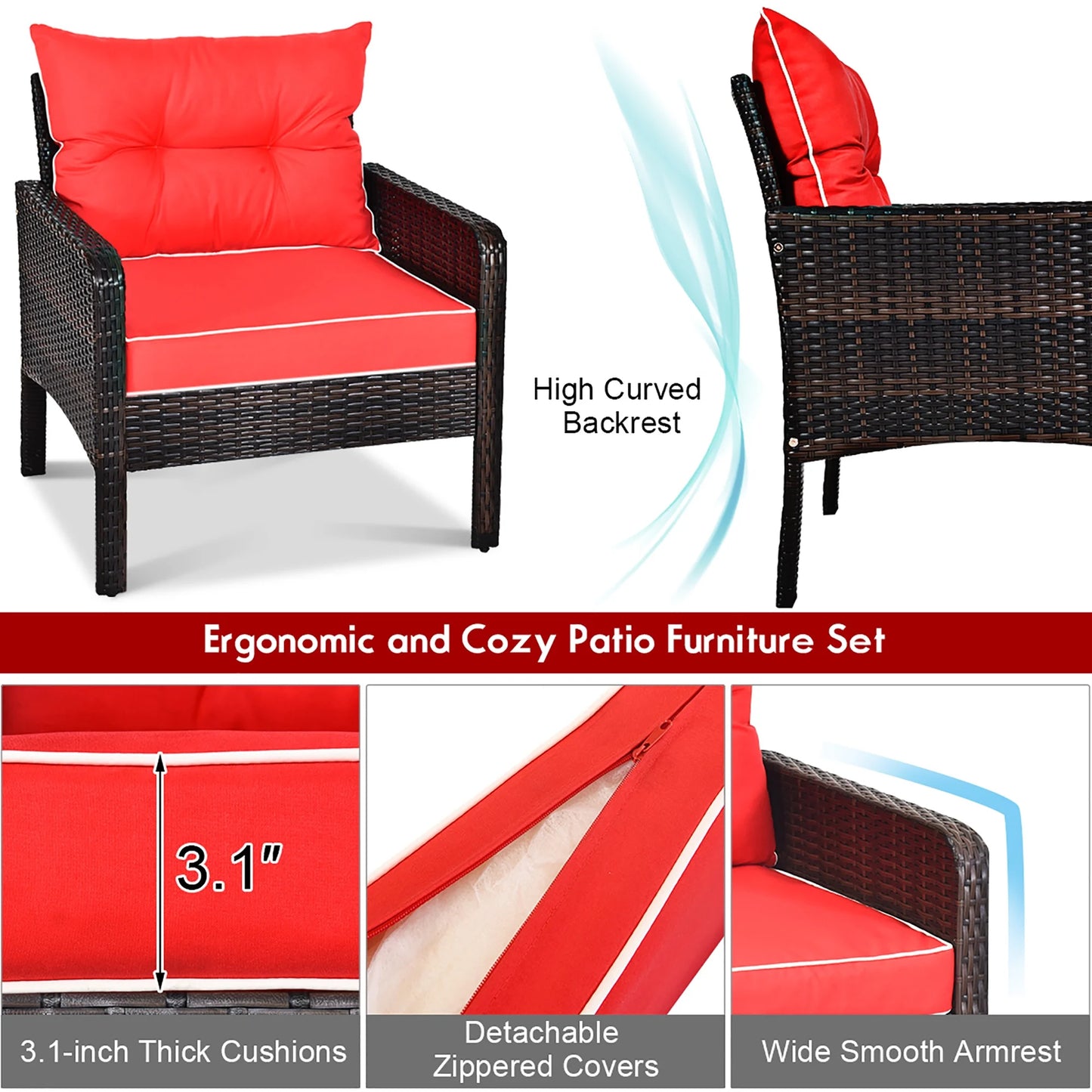 5 PCS Patio Rattan Furniture Set Sofa Ottoman Table Cushioned Yard Red