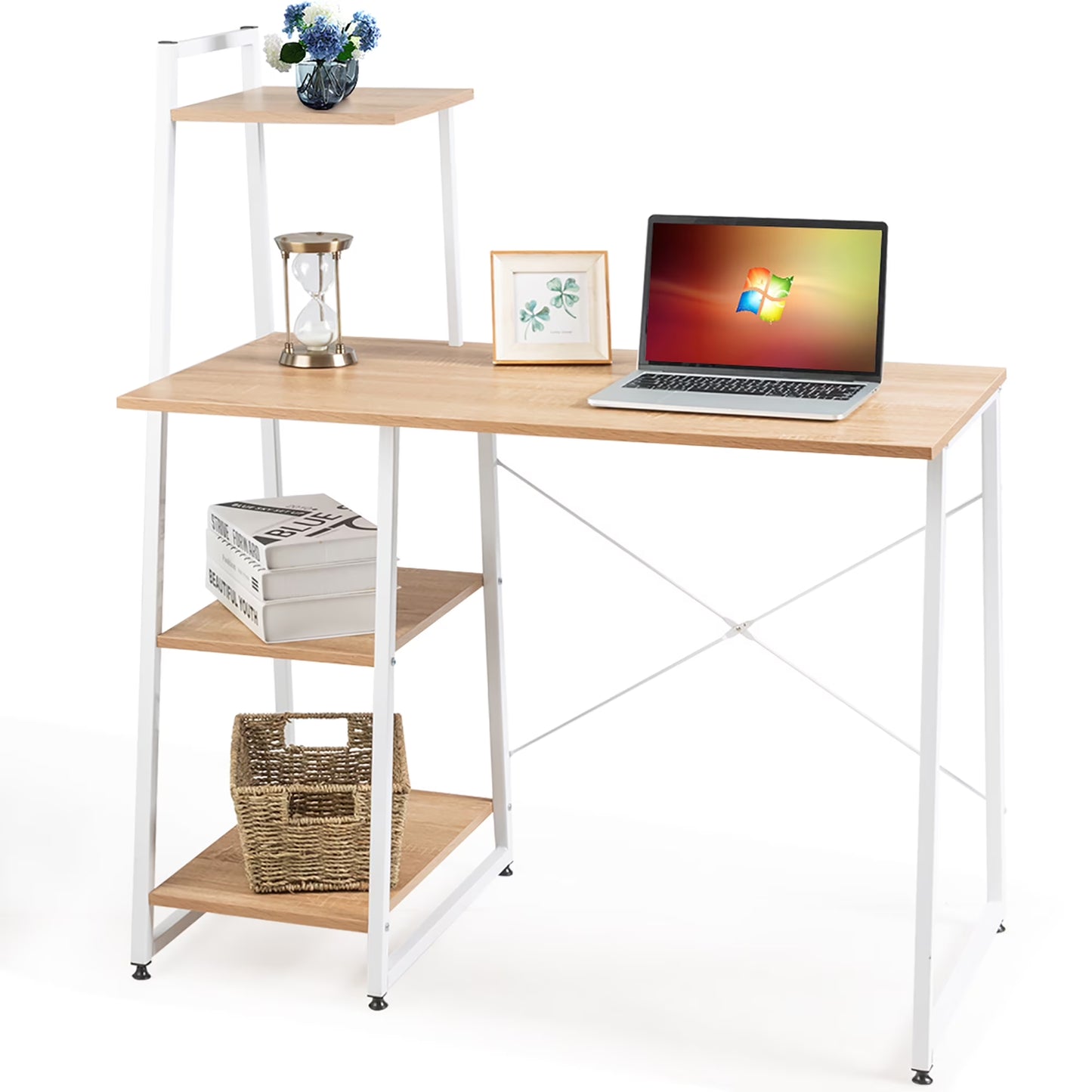 Modern Computer Desk with 3-Tier Storage Shelf CPU Stand Metal Frame for Bedroom