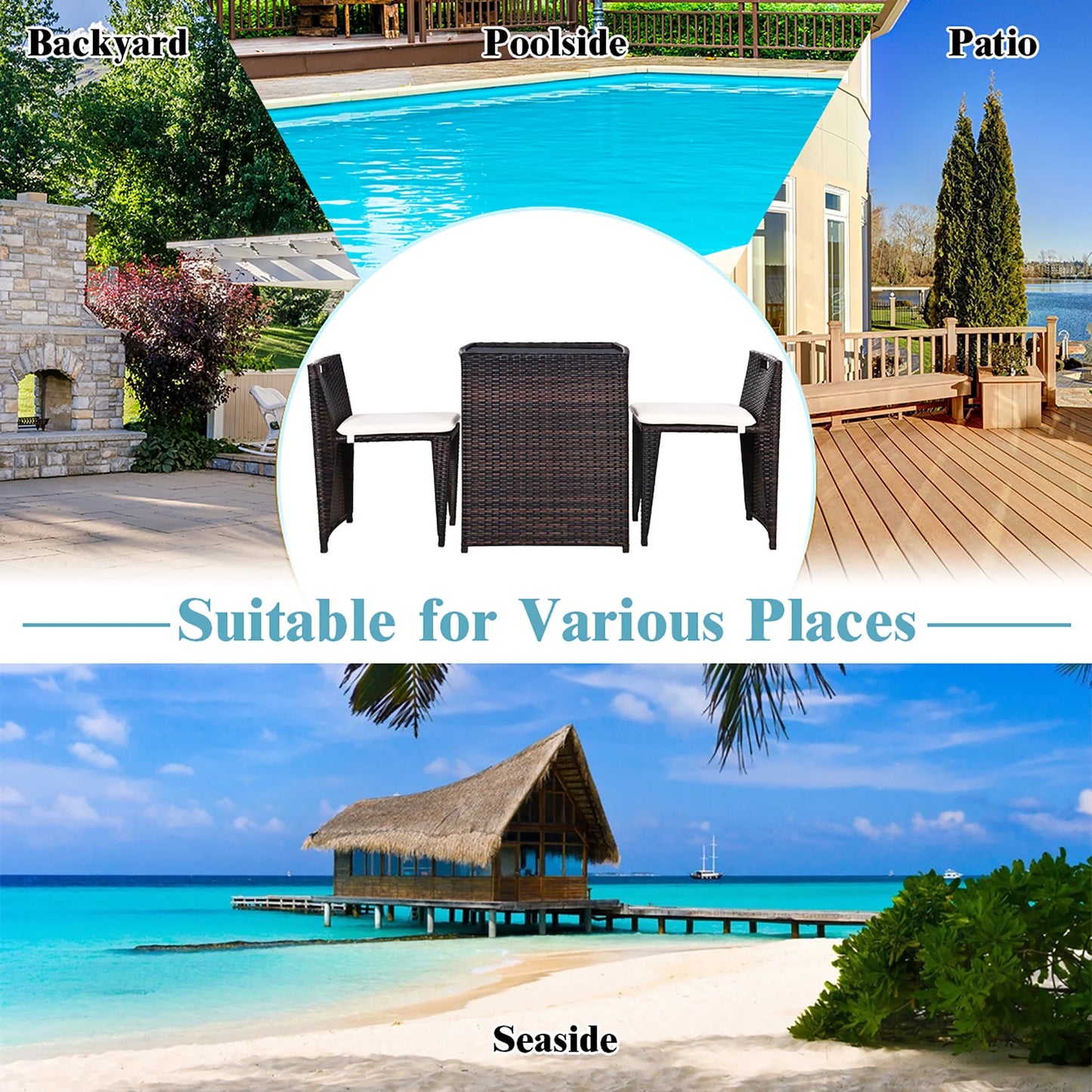 3PCS Outdoor Patio Rattan Furniture Set Space Saving Garden Deck W/Cushion No Assembly