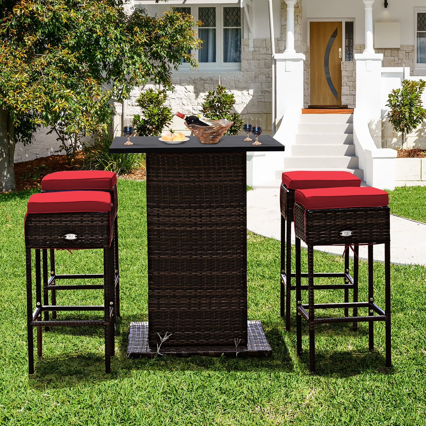 5PCS Patio Rattan Bar Table Stool Set Hidden Storage Shelf Cushioned Navy