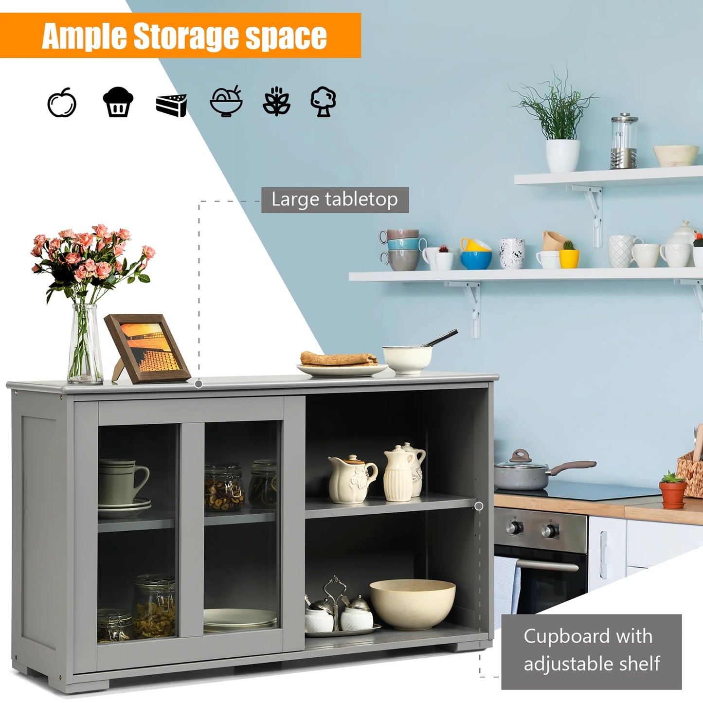 Kitchen Storage Cabinet Sideboard Buffet Cupboard W/ Sliding Door Gray
