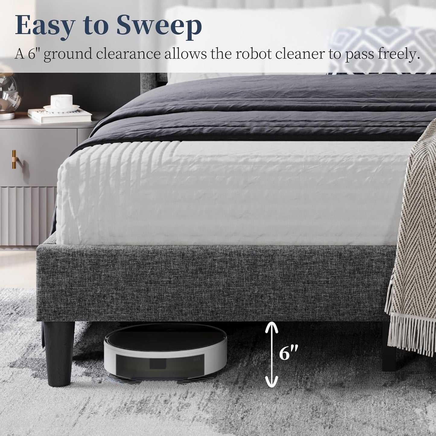 Queen Bed Frame Upholstered Platform Bed with Fabric Headboard, Wing Edge Design/Non-Slip and Noise-Free/Wooden Slats Support/No Box Spring Needed/Easy Assembly, Dark Gray Queen Bed
