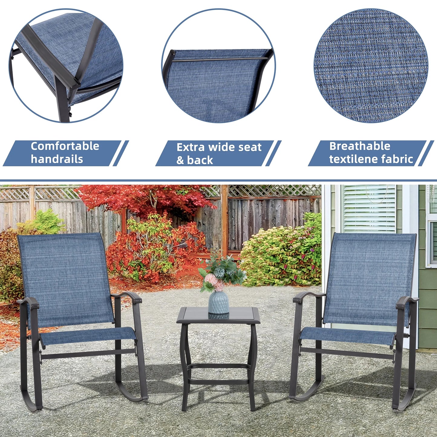 3 Pieces Rocking Bistro Patio Furniture Rocker Set with 2 Outdoor Rocking Chairs and 1 Glass Coffee Table for Porch Deck Lawn,Deep Blue