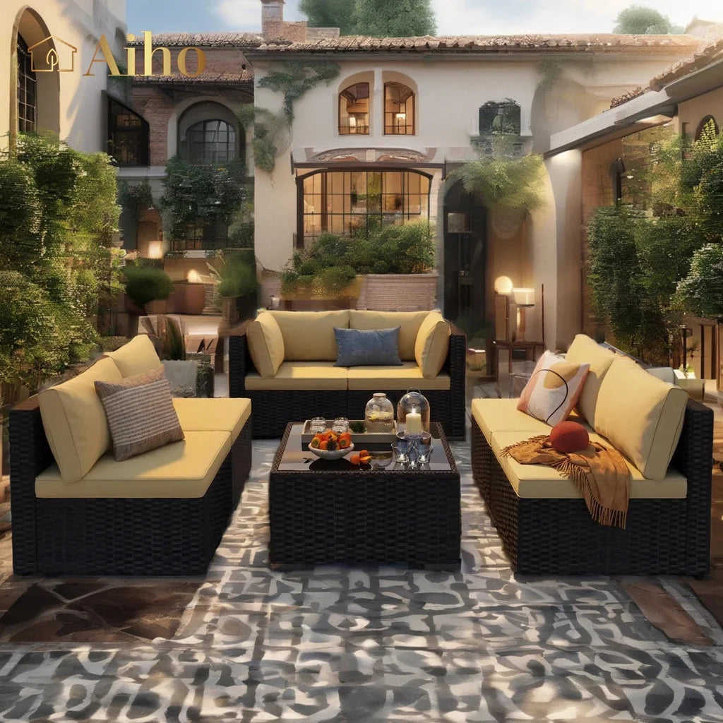 7 Piece Patio Furniture Sets, Outdoor Sectional Sofa with Glass Coffee Table & Cushions for Patio - Beige