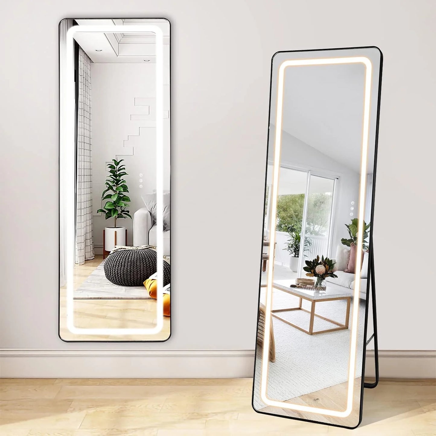 63" X 20" LED Full Length Mirror Hollywood Vanity Mirror Dimmable LED Floor Mirrors for Leaning Wall Mounted Water Proof Mirror for Bathroom Dressing, Anti-Fog Black