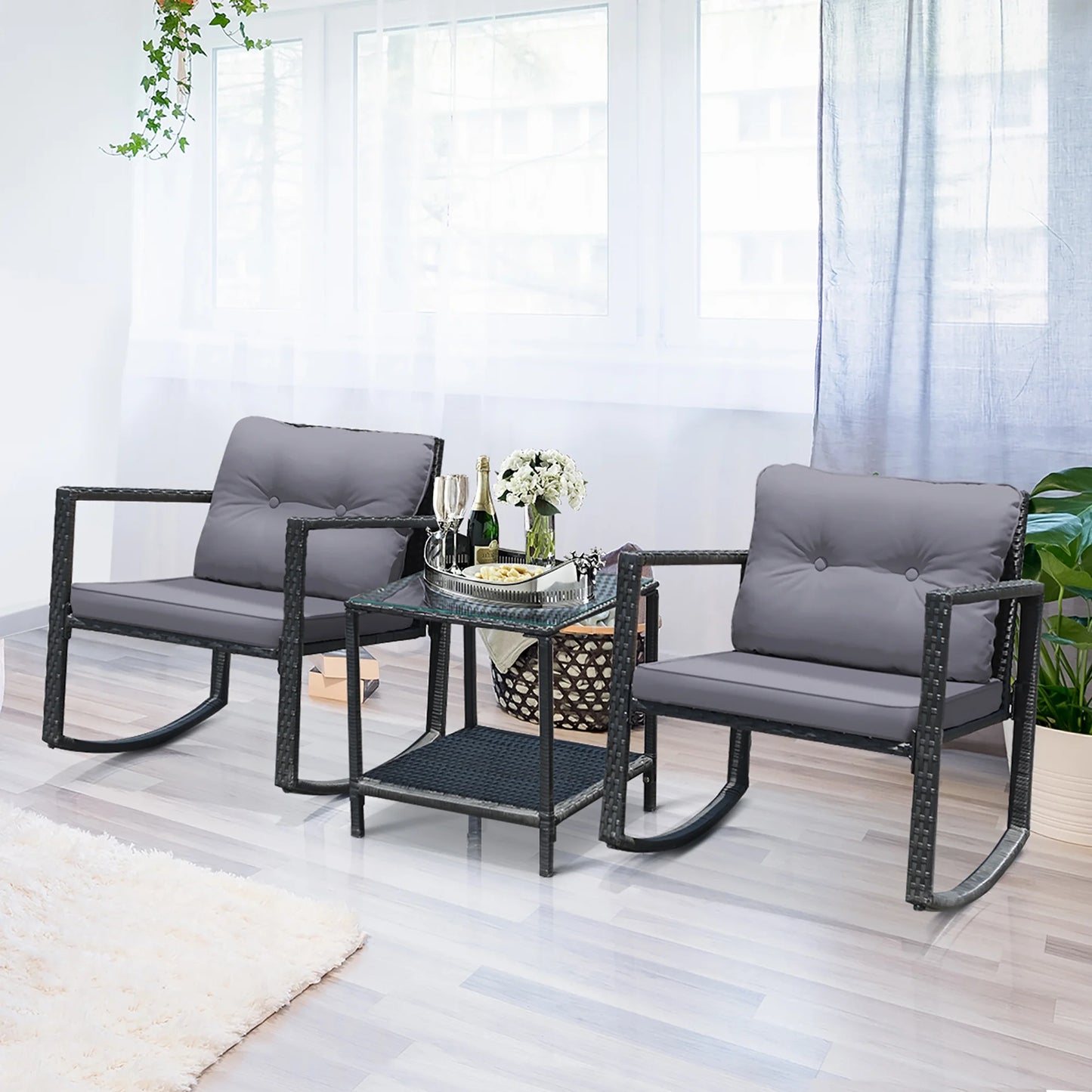 3PCS Patio Rattan Furniture Set Rocking Chairs Cushioned Sofa Gray