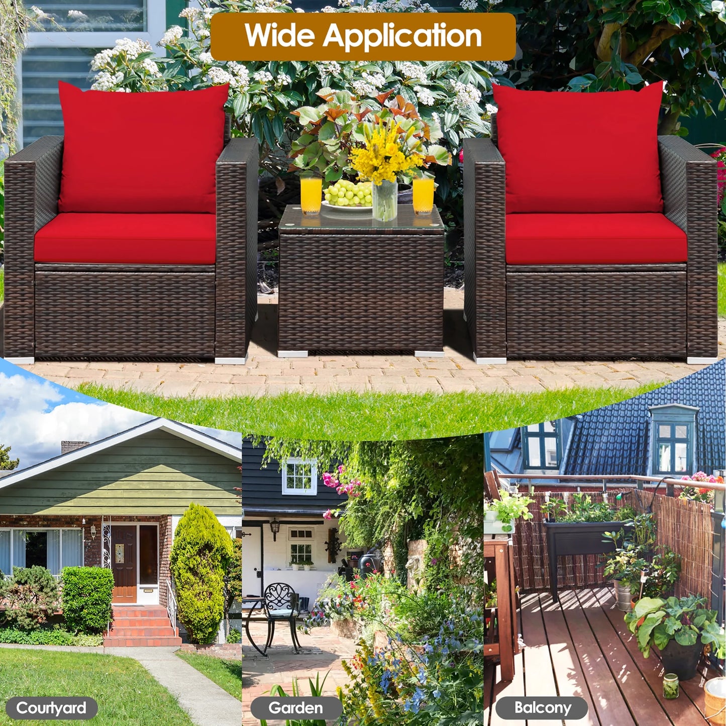 3PCS Patio Rattan Furniture Set Conversation Sofa Cushioned Garden Red