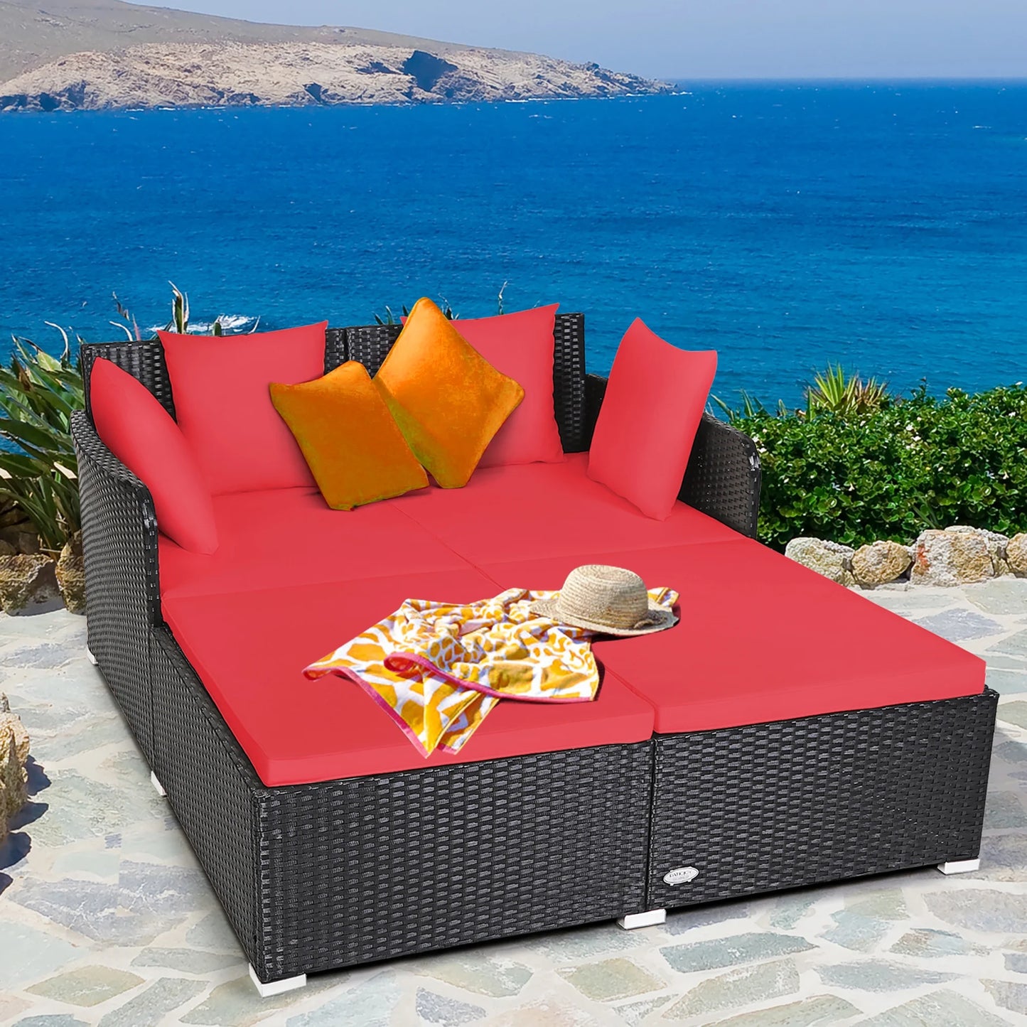 Outdoor Patio Rattan Daybed Pillows Cushioned Sofa Furniture Navy