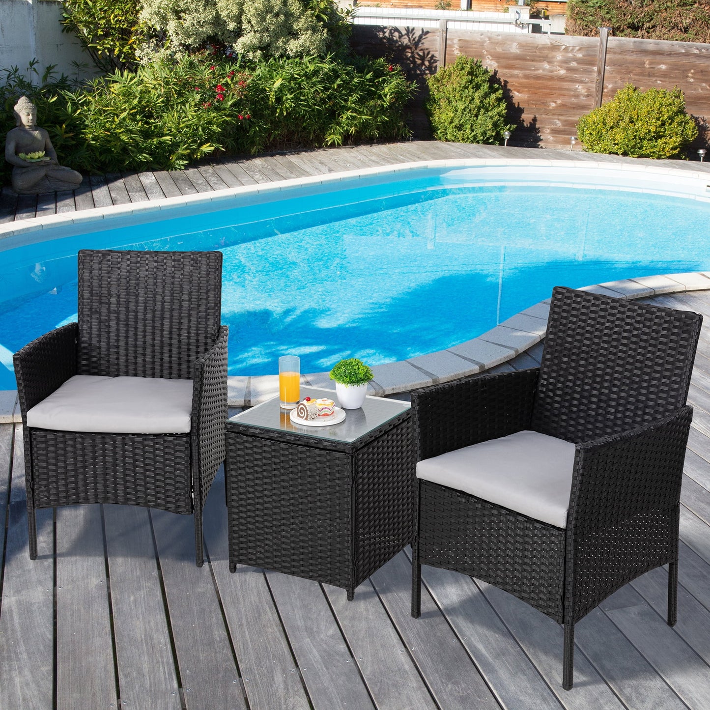 3 Pieces Outdoor Rattan Wicker Patio Furniture Set PE Chairs and Table Set