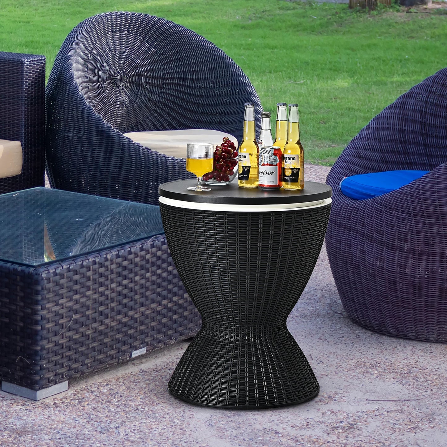 8 Gallon 3 in 1 Patio Rattan Cooler Bar Table Adjust Ice Bucket Black
