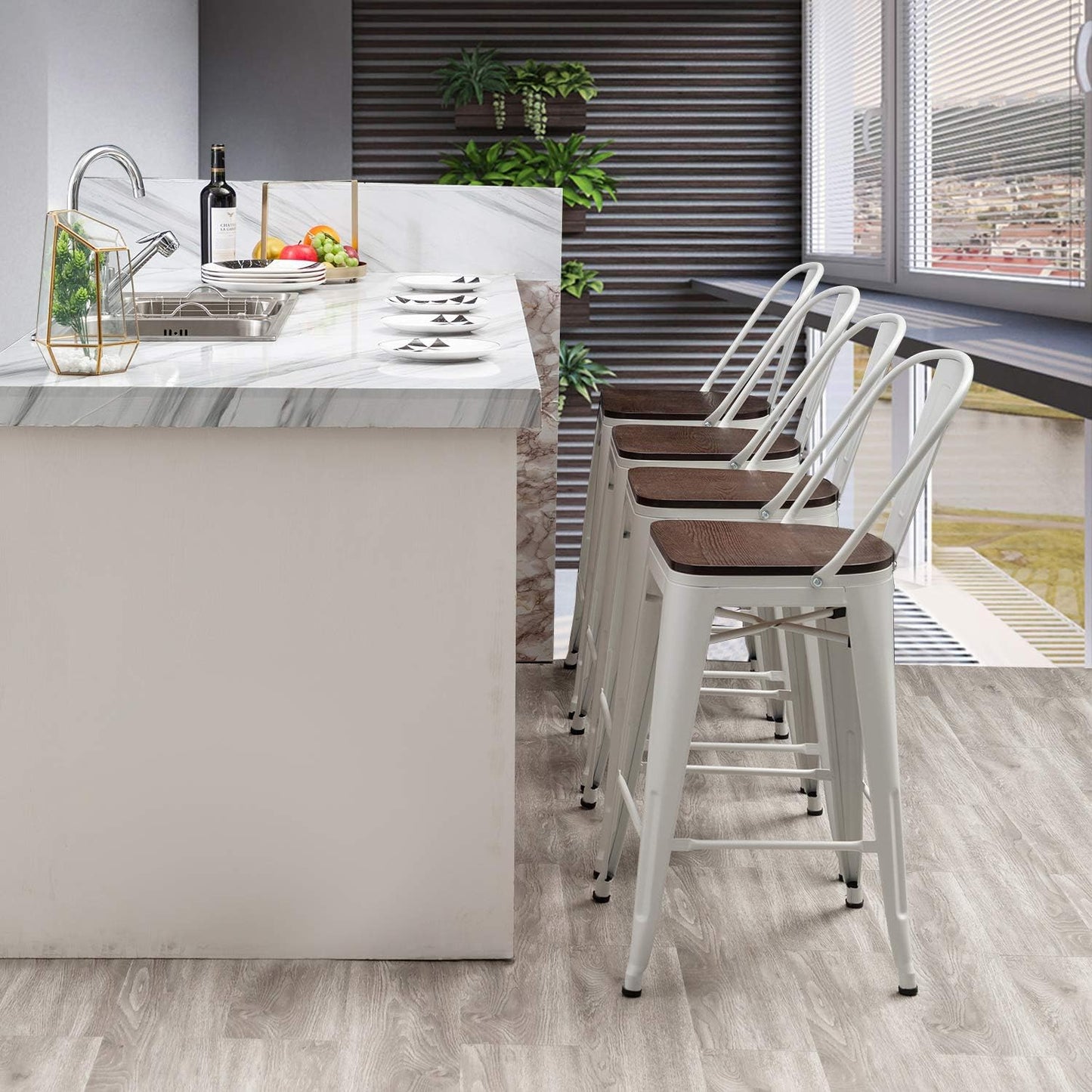 Metal Bar Stools Set of 4,26 Inch Barstools Counter Height Bar Stool with Backs Farmhouse Bar Stools with Larger Seat High Back Kitchen Dining Chairs Modern Bar Chairs White Cream Stool