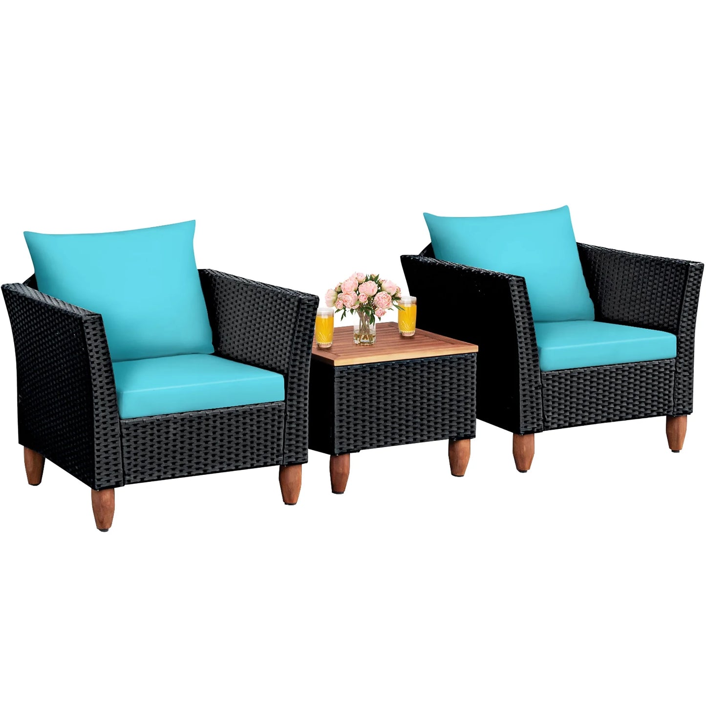 3PCS Outdoor Patio Rattan Furniture Set Wooden Table Cushioned Sofa Turquoise
