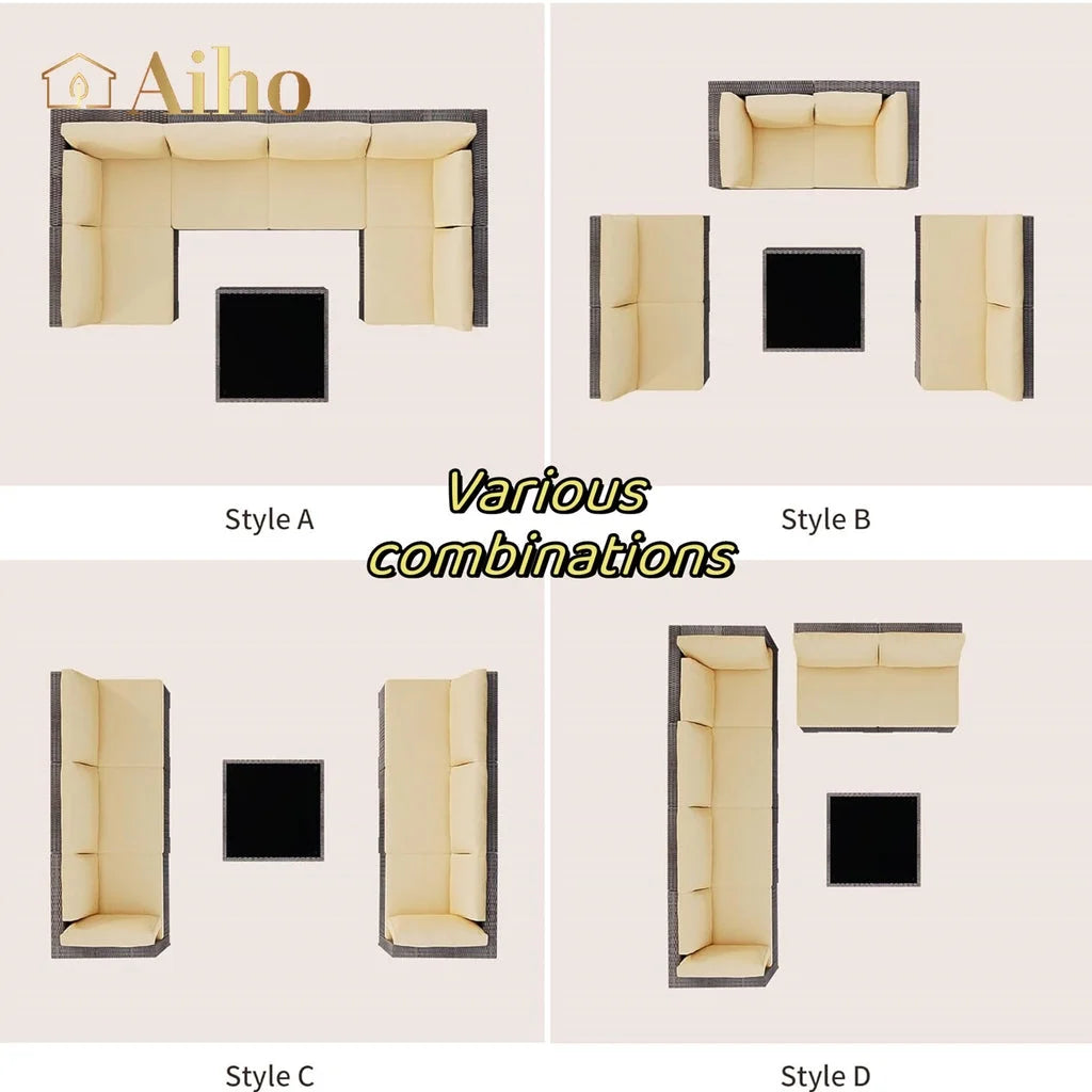 7 Piece Patio Furniture Sets, Outdoor Sectional Sofa with Glass Coffee Table & Cushions for Patio - Beige