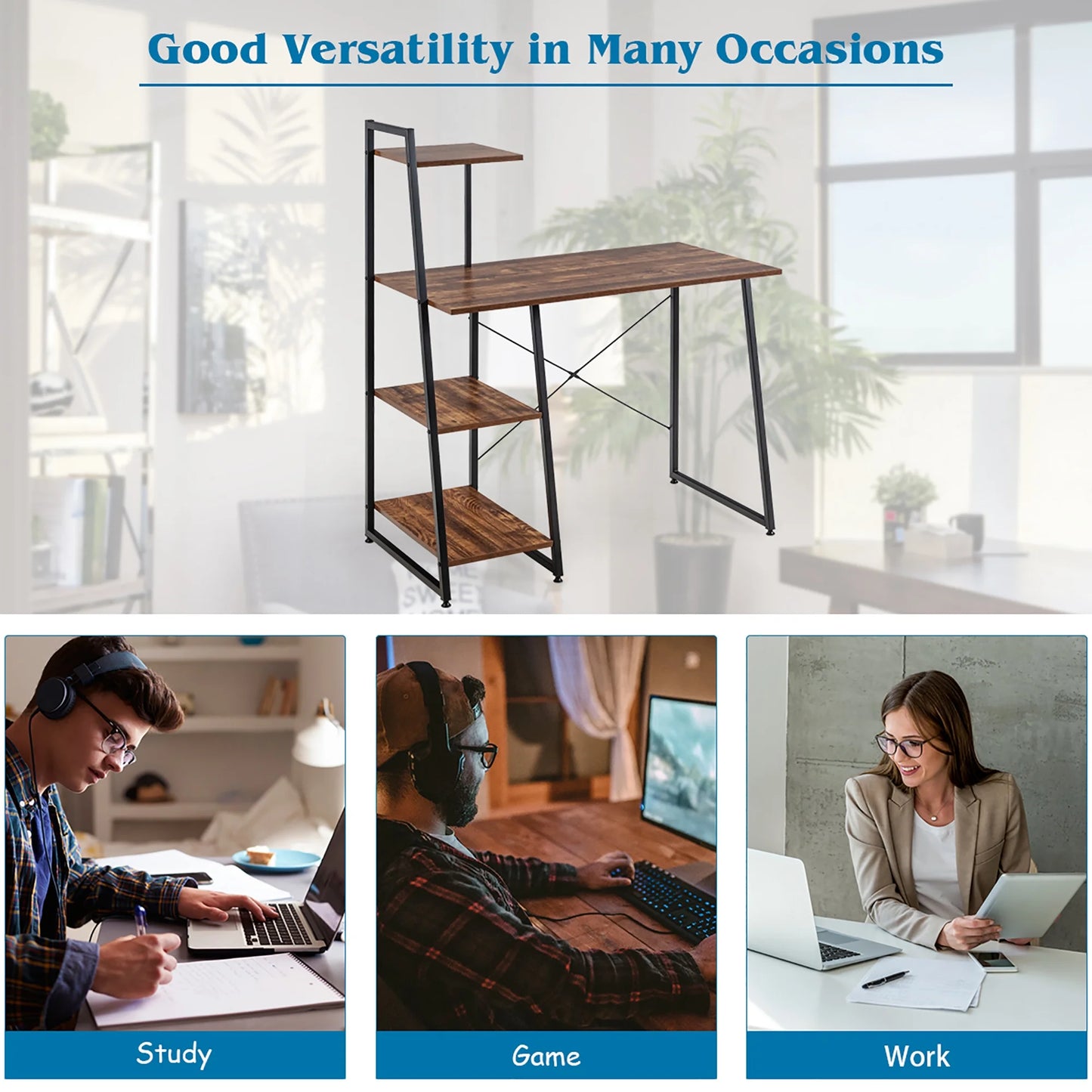 Modern Computer Desk with 3-Tier Storage Shelf CPU Stand Metal Frame for Bedroom