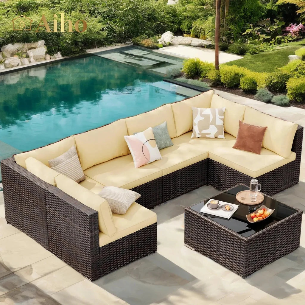 7 Piece Patio Furniture Sets, Outdoor Sectional Sofa with Glass Coffee Table & Cushions for Patio - Beige