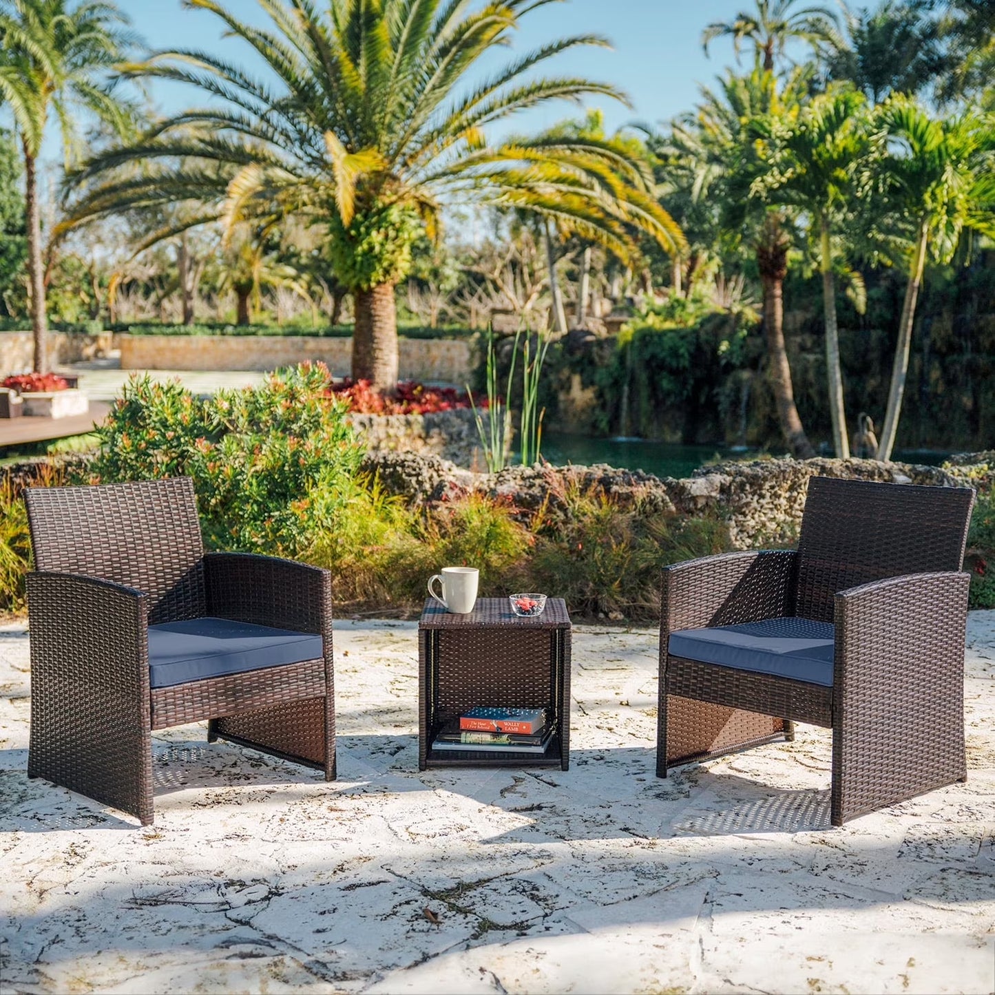 Outdoor Furniture Set, 4 Piece Wicker Patio Chairs Set, Brown with Beige Cushions