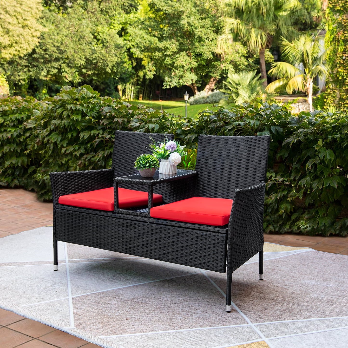 Outdoor Patio Loveseat Modern Rattan Patio Conversation Furniture Set with Cushions and Built-In Coffee Table Porch Furniture for Garden Lawn Backyard, Red