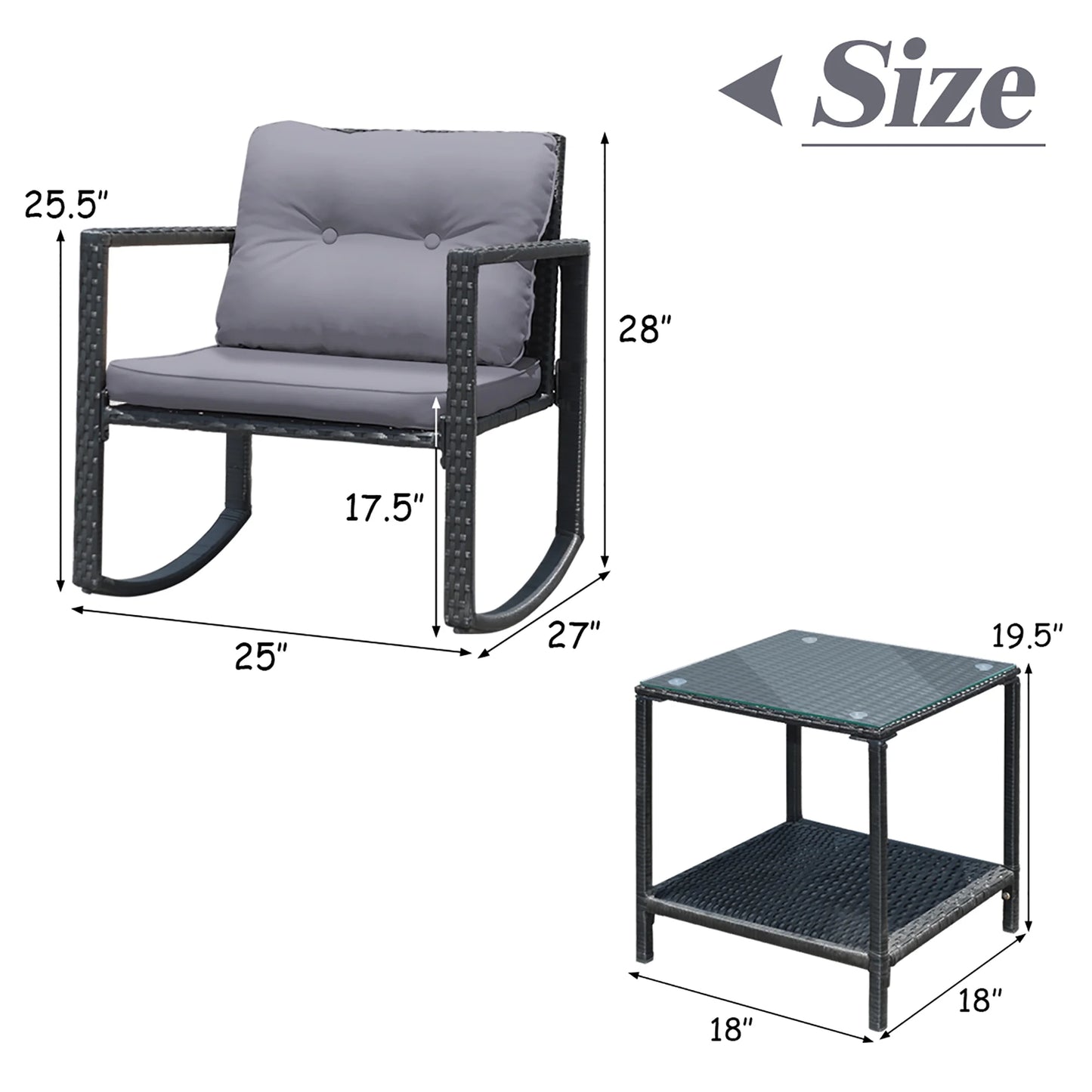 3PCS Patio Rattan Furniture Set Rocking Chairs Cushioned Sofa Gray
