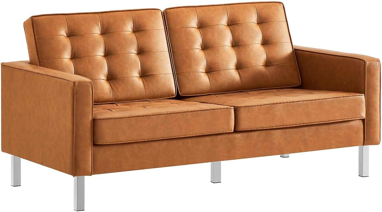 Loft Tufted Button Faux Leather Upholstered Loveseat in Silver Black