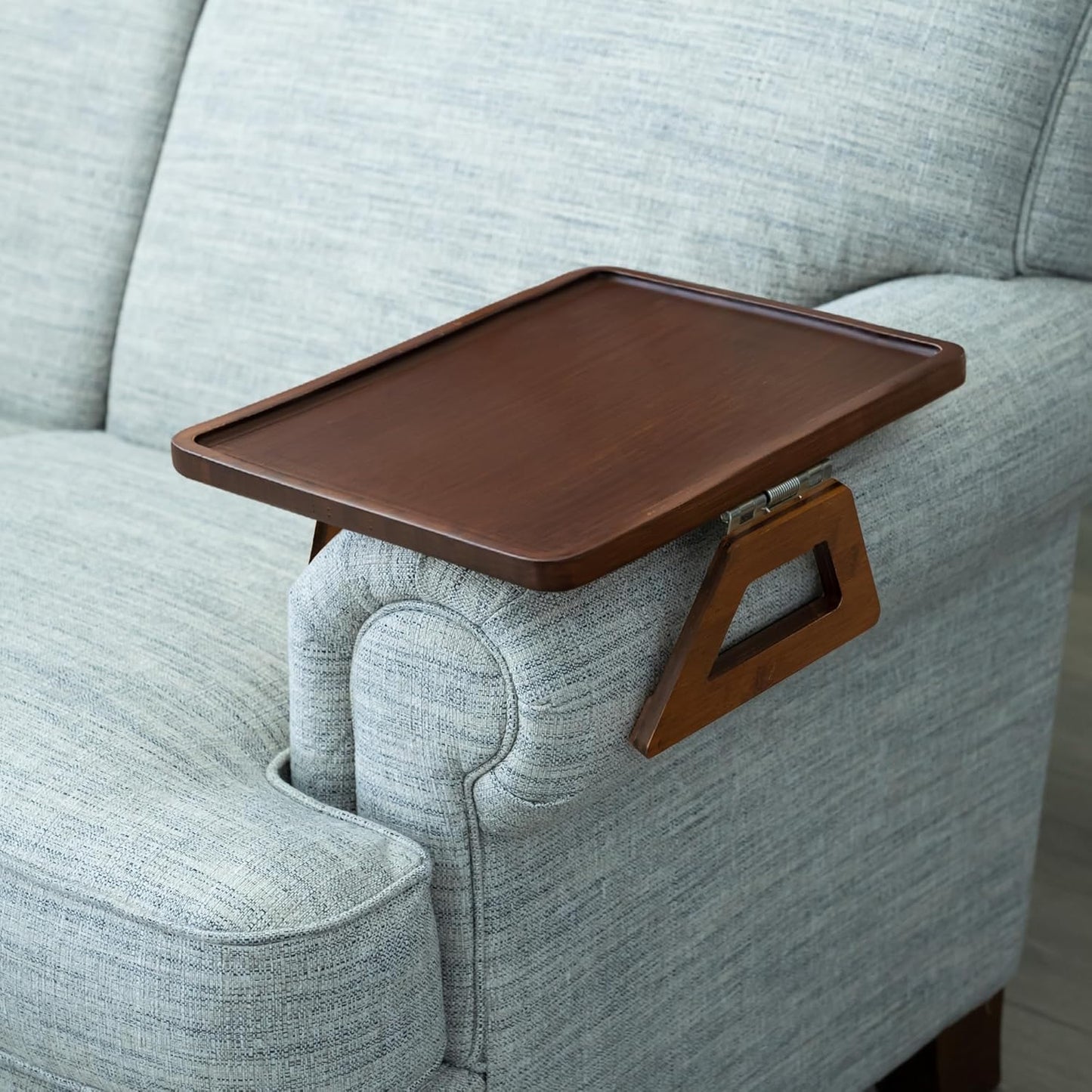 Bamboo Trayble Couch Arm Table, Clip on Tray Sofa Table for Couches. Sofa Arm Tray, Armchair Table for TV Dinners, Remotes, Drinks and Snacks - 13.75 X 9.5Inch, Brown