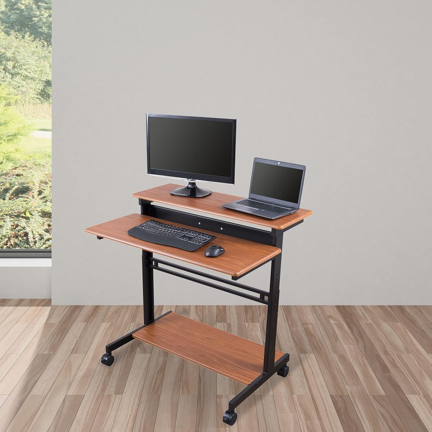 Rolling Adjustable Height Two Tier Standing Desk Computer Workstation (Black Frame/Teak Top, 40" Wide)