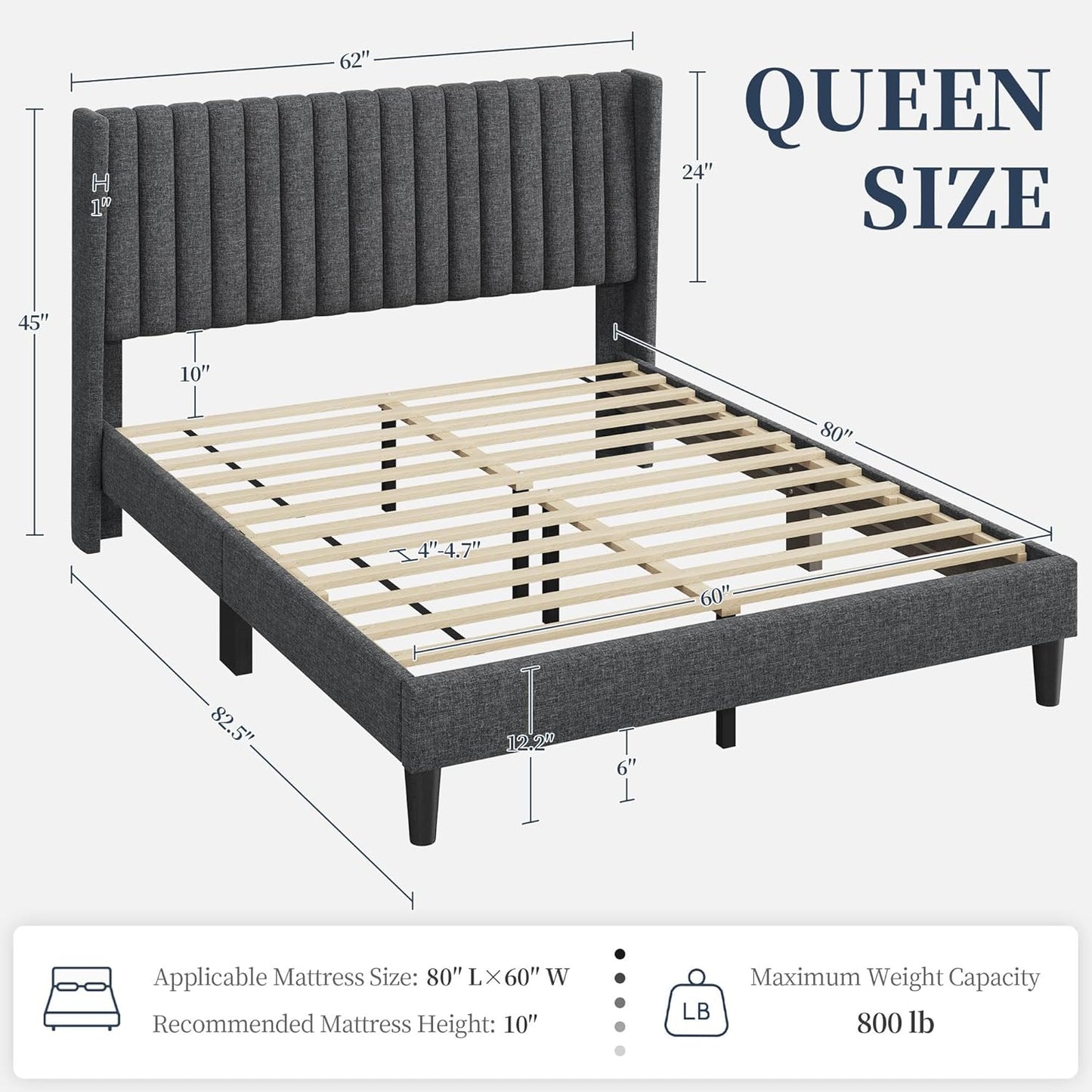 Queen Bed Frame Upholstered Platform Bed with Fabric Headboard, Wing Edge Design/Non-Slip and Noise-Free/Wooden Slats Support/No Box Spring Needed/Easy Assembly, Dark Gray Queen Bed