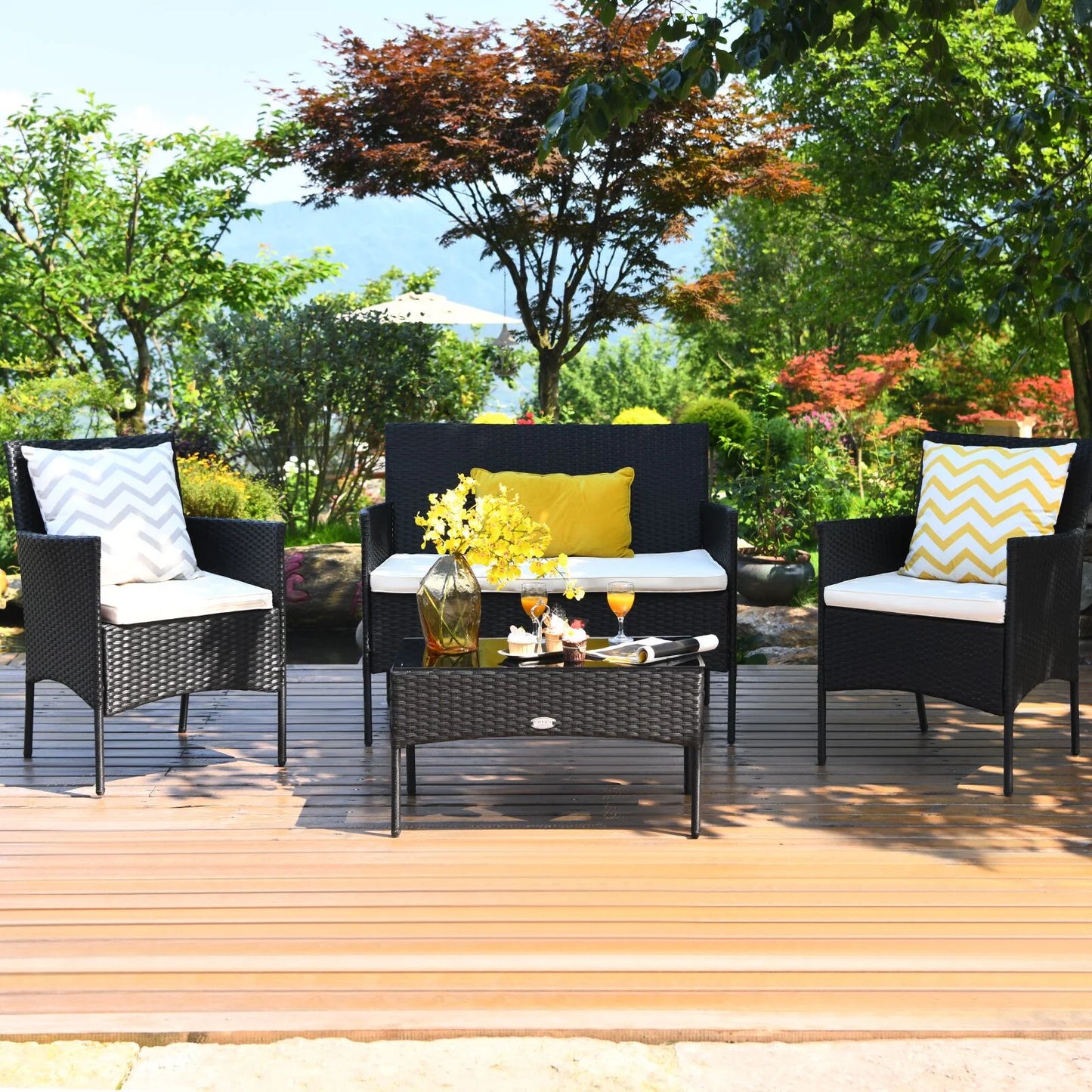 4PCS Rattan Patio Furniture Set Cushioned Sofa Chair Coffee Table Navy