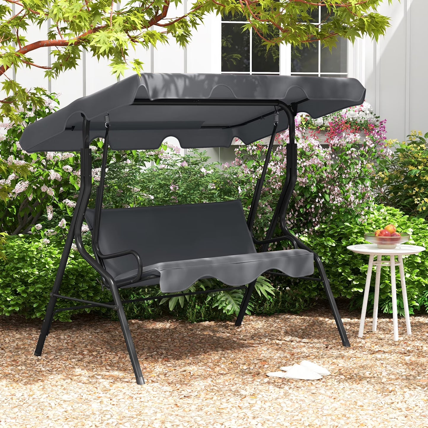 Patio 3 Seats Canopy Porch Swing Glider Hammock Cushioned Steel Frame Outdoor Black