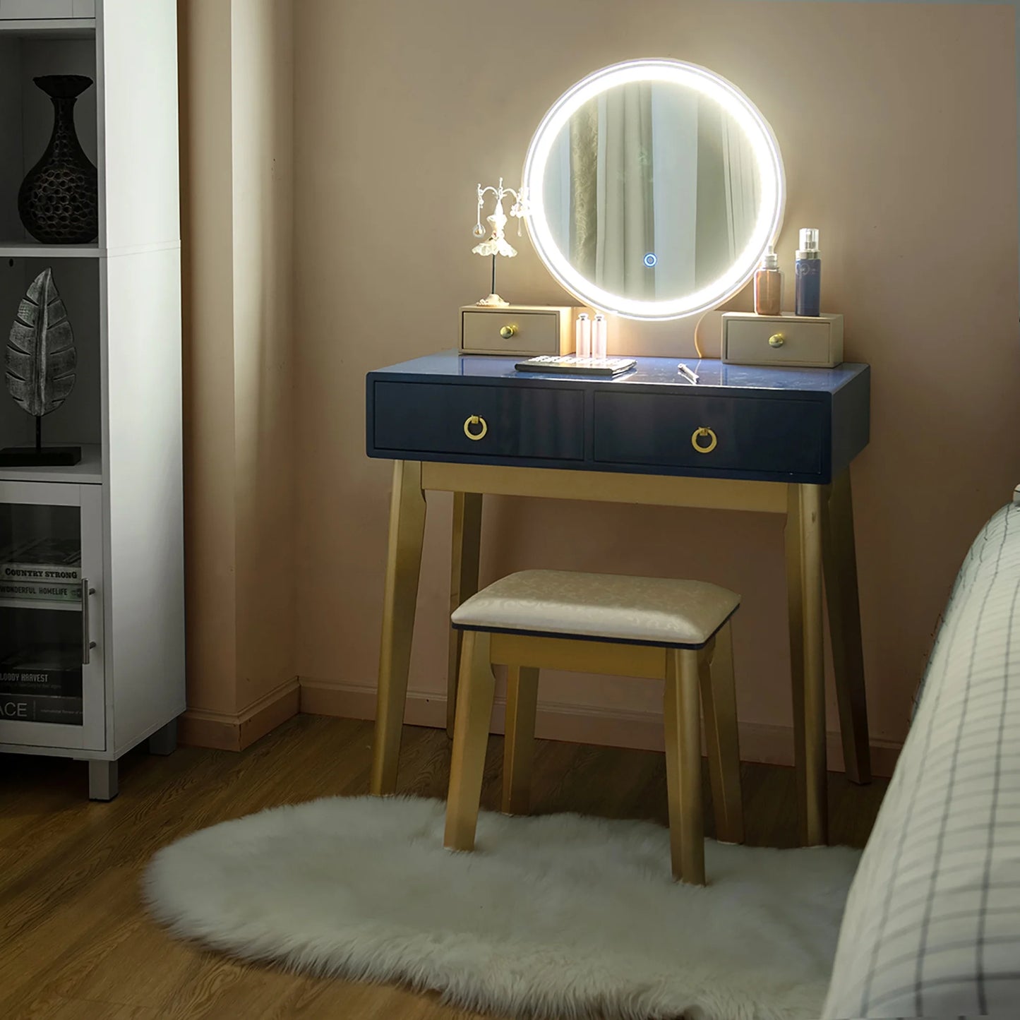 Vanity Makeup Table Touch Screen 3 Lighting Modes Dressing Table Set Navy Blue