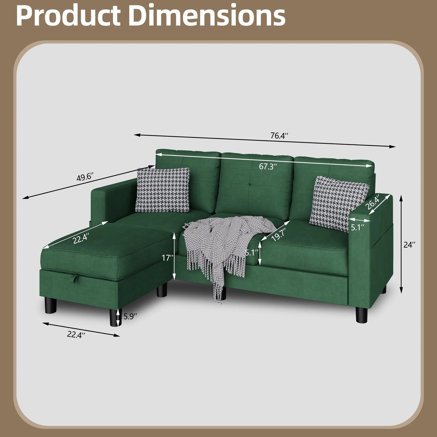 Convertible Sectional Sofa Couch, Modern Linen Fabric L-Shaped 3-Seat Sofa Sectional with Reversible Chaise for Small Space (Green)