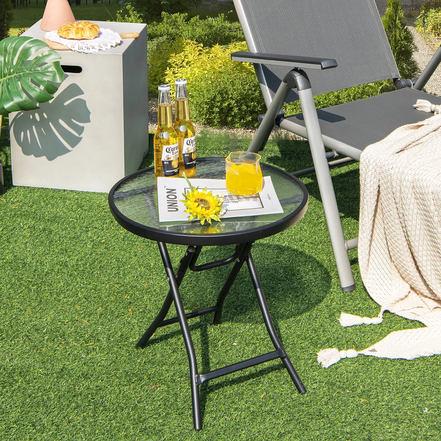 Patio Folding round Glass Side Table Bistro Coffee Table Plant Stand