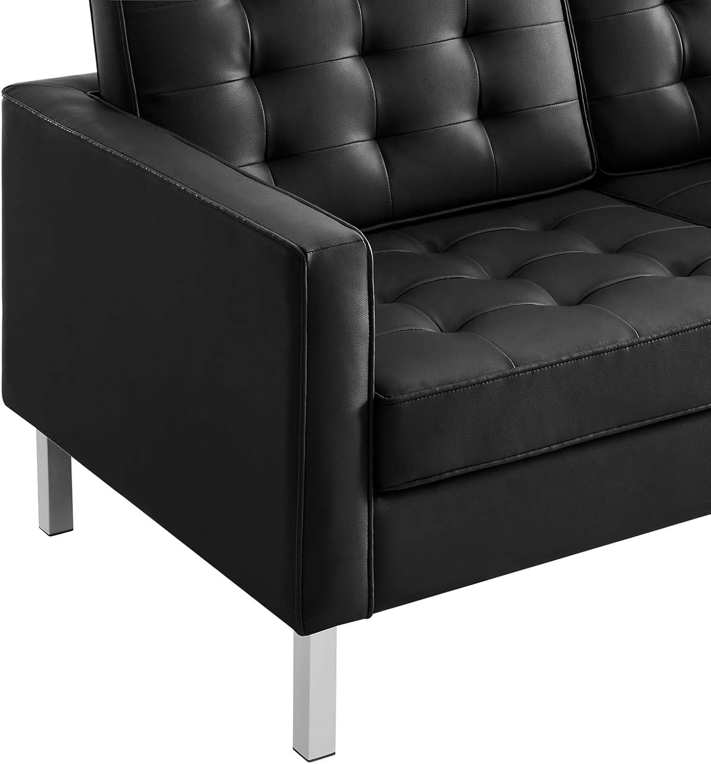 Loft Tufted Button Faux Leather Upholstered Loveseat in Silver Black