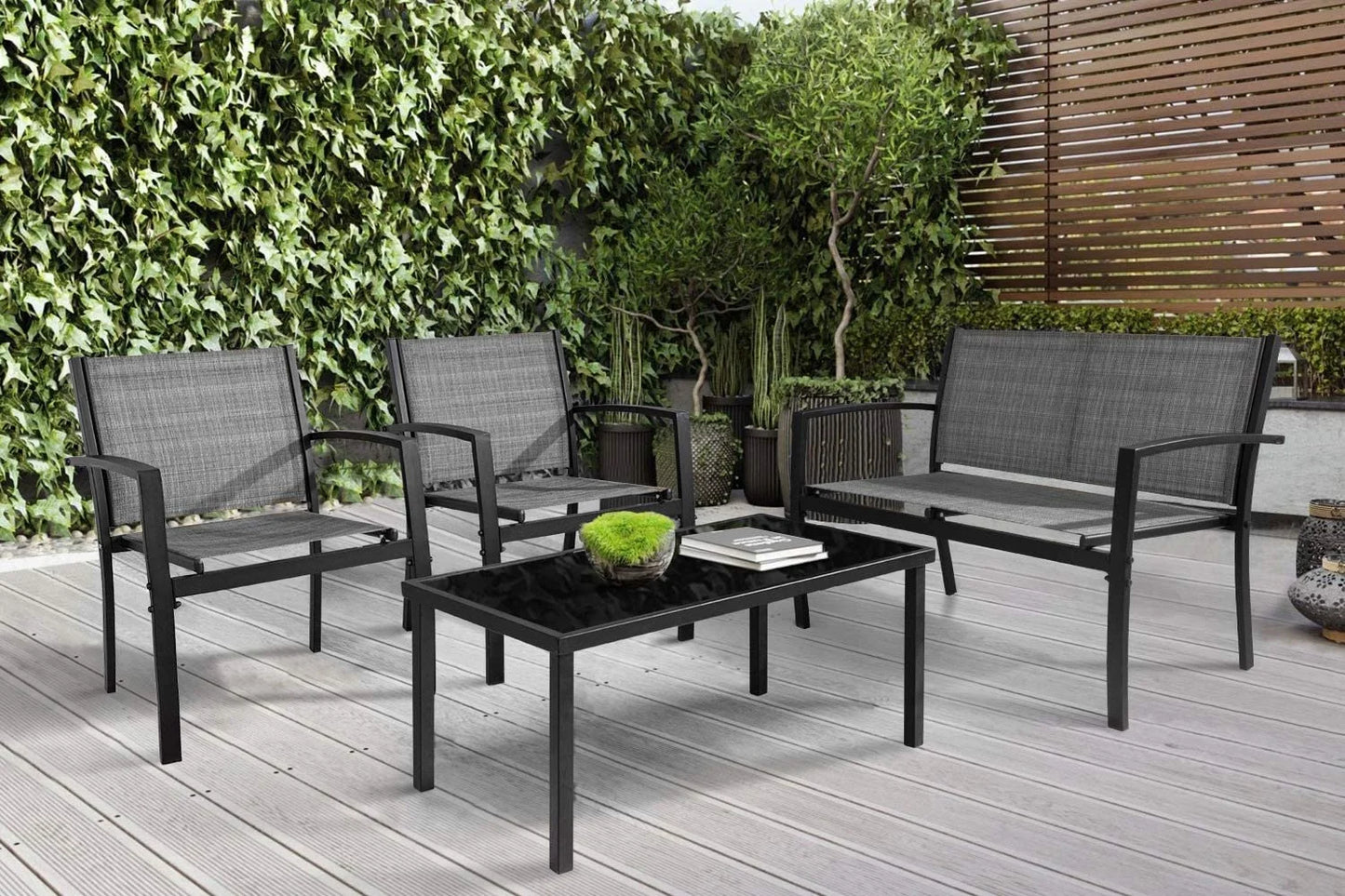 4 Pieces Patio Furniture Outdoor Furniture Outdoor Patio Furniture Set Textilene Bistro Set Modern Conversation Set Black Bistro Set with Loveseat Tea Table, Grey