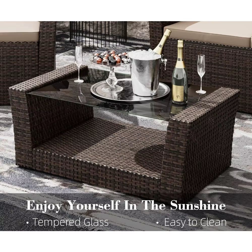 4 Piece Outdoor Patio Conversation Sets, Wicker Patio Furniture with Rattan Glass Table,Cushioned Patio Furniture Set for Garden