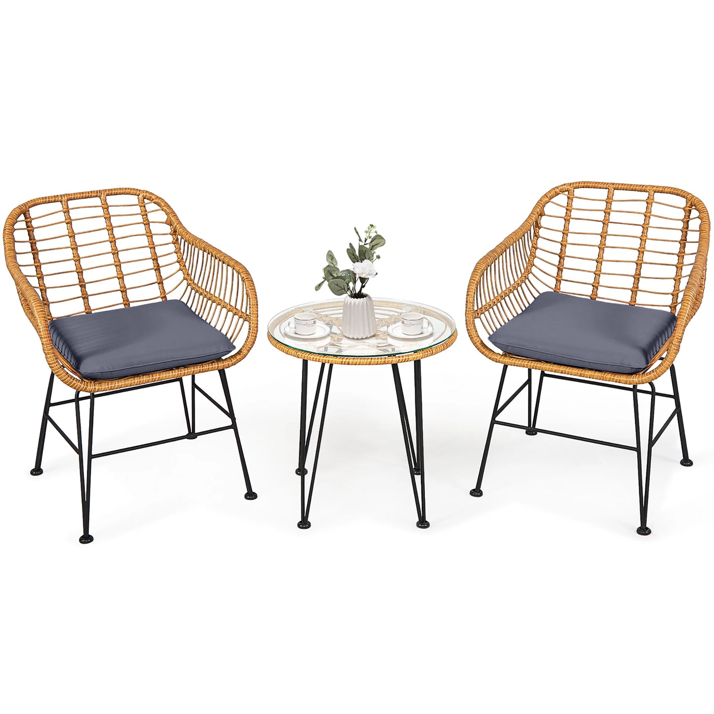 3PCS Patio Rattan Bistro Furniture Set Cushioned Chair Table Grey