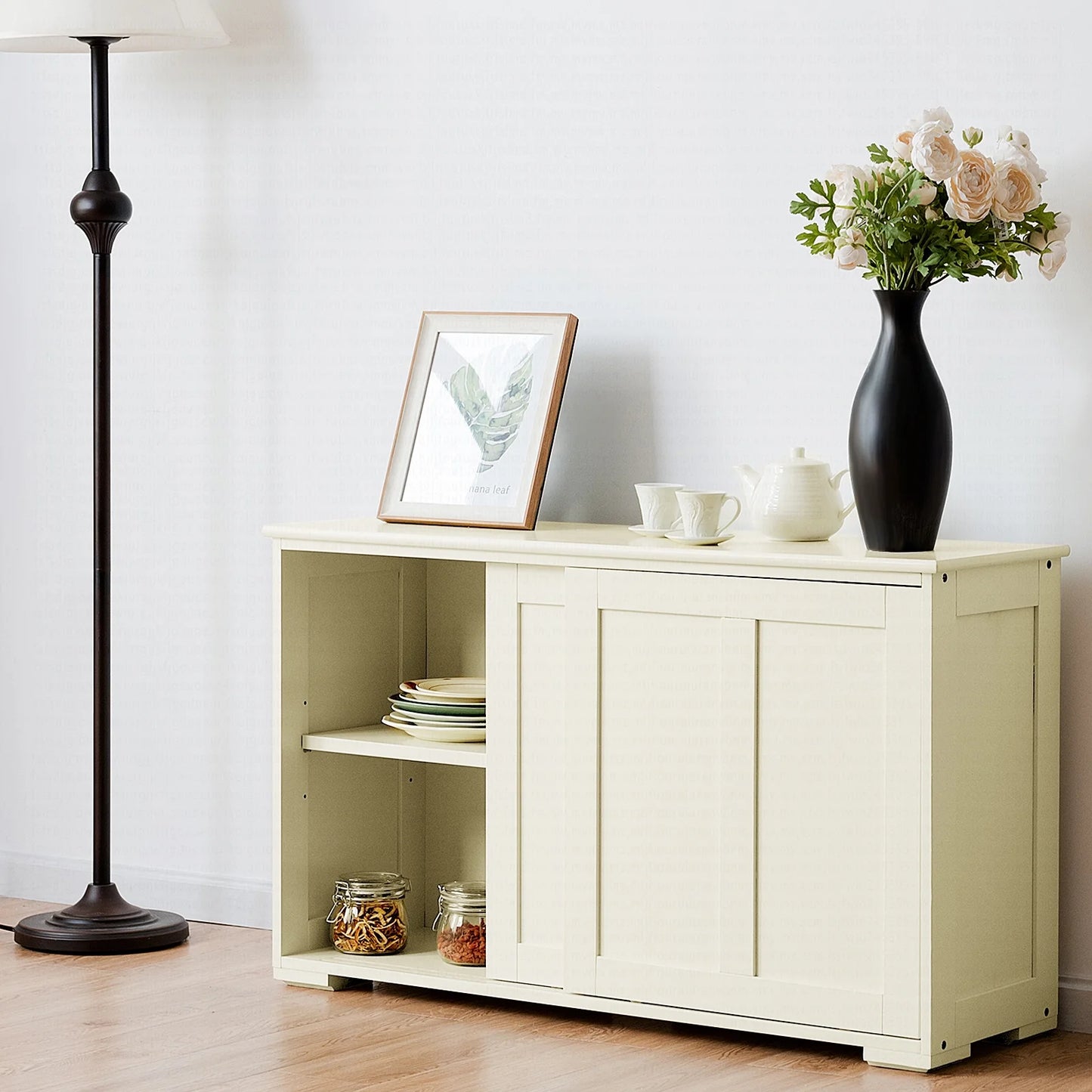 Kitchen Storage Cabinet Sideboard Buffet Cupboard Wood Sliding Door Pantry White
