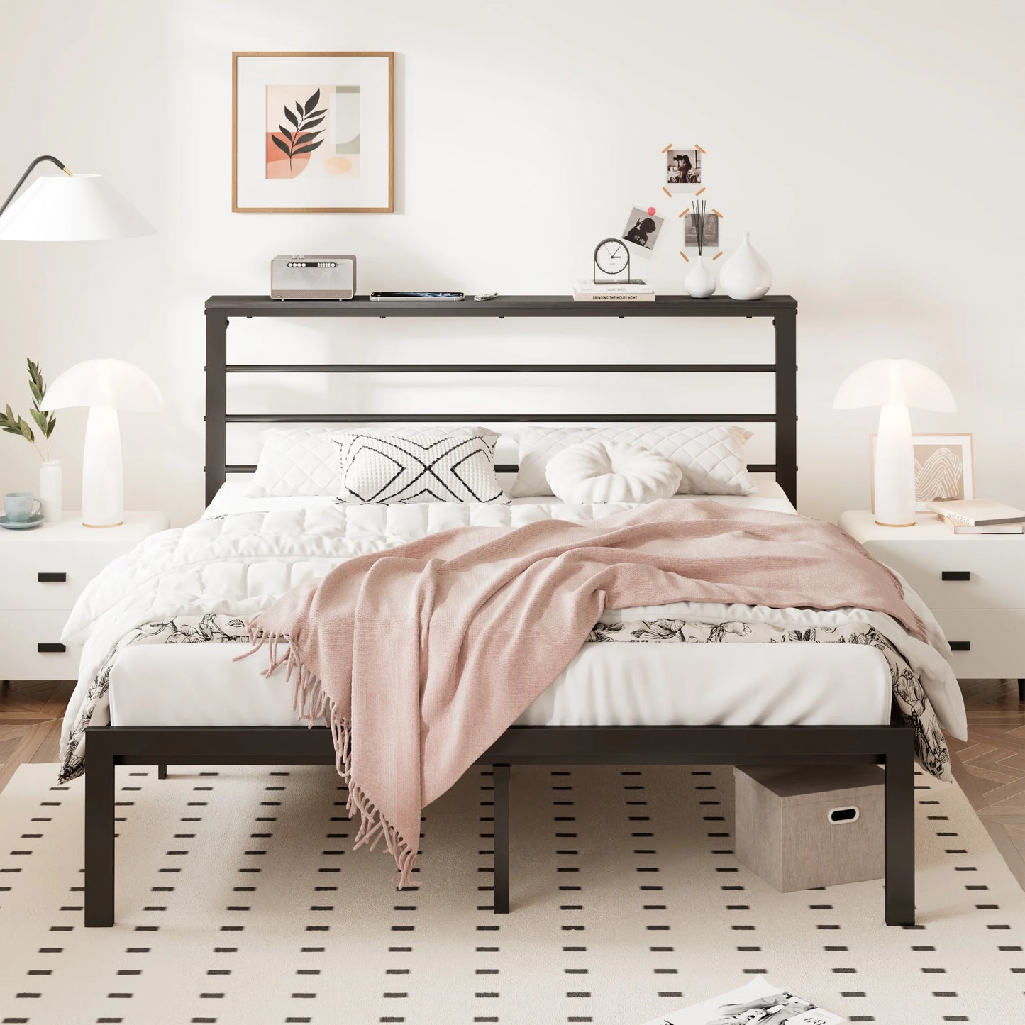 Twin Size Metal Platform Bed Frame with Black Shelf Headboard & Storage, Adult