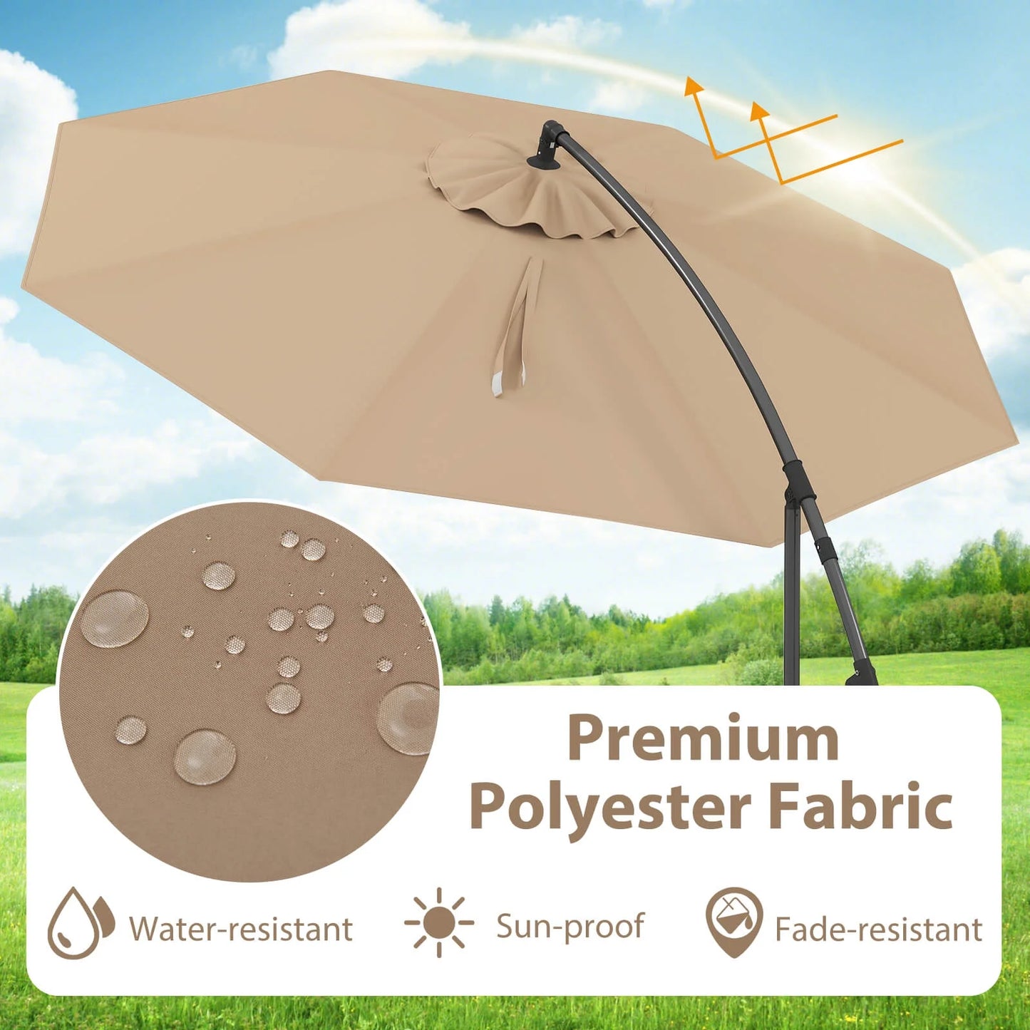 10' Hanging Umbrella Patio Sun Shade Offset Garden Market W/ T Cross Base Tan