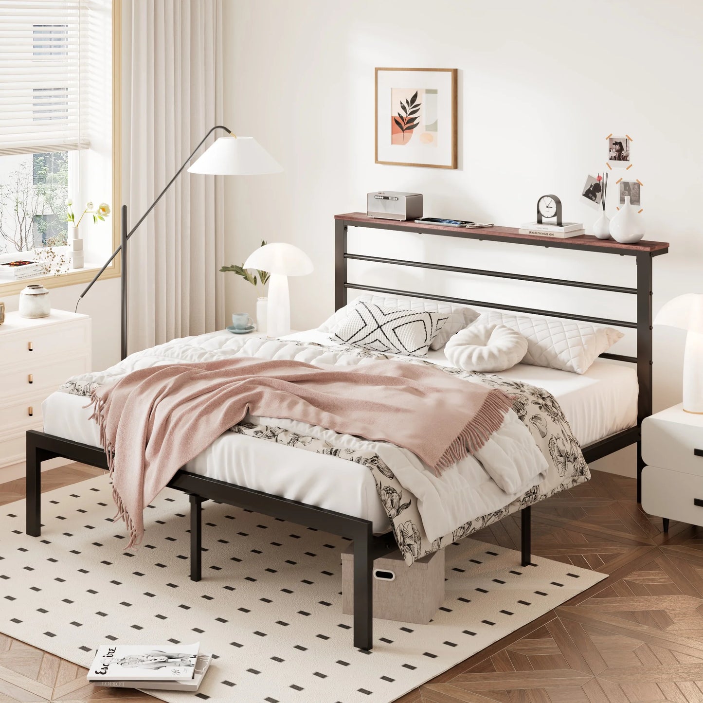 Twin Size Metal Platform Bed Frame with Black Shelf Headboard & Storage, Adult