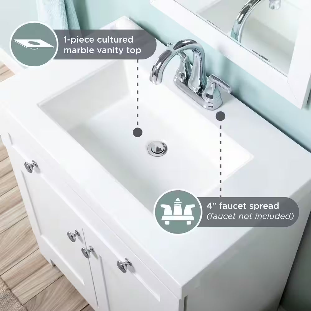 Everdean 31 In. Single Sink White Bath Vanity with White Cultured Marble Top (Assembled)