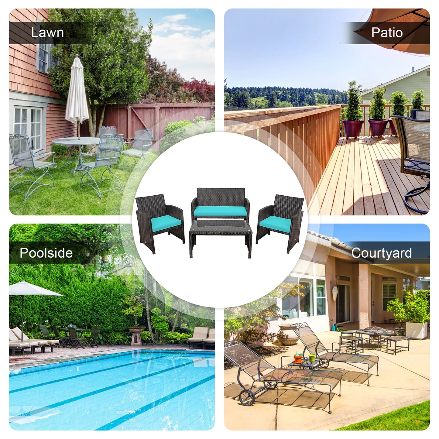 4PCS Patio Rattan Furniture Set Cushioned Chair Sofa Coffee Table Turquoise