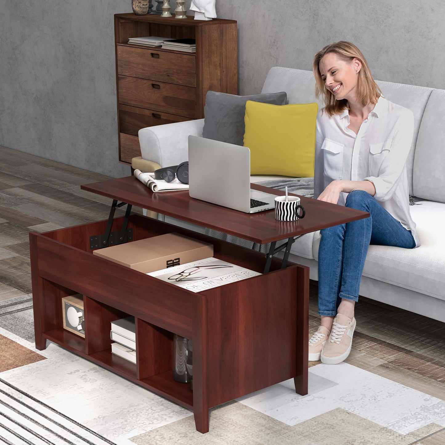 Lift Top Coffee Table W/ Hidden Compartment and Storage Shelves Modern Furniture Brown