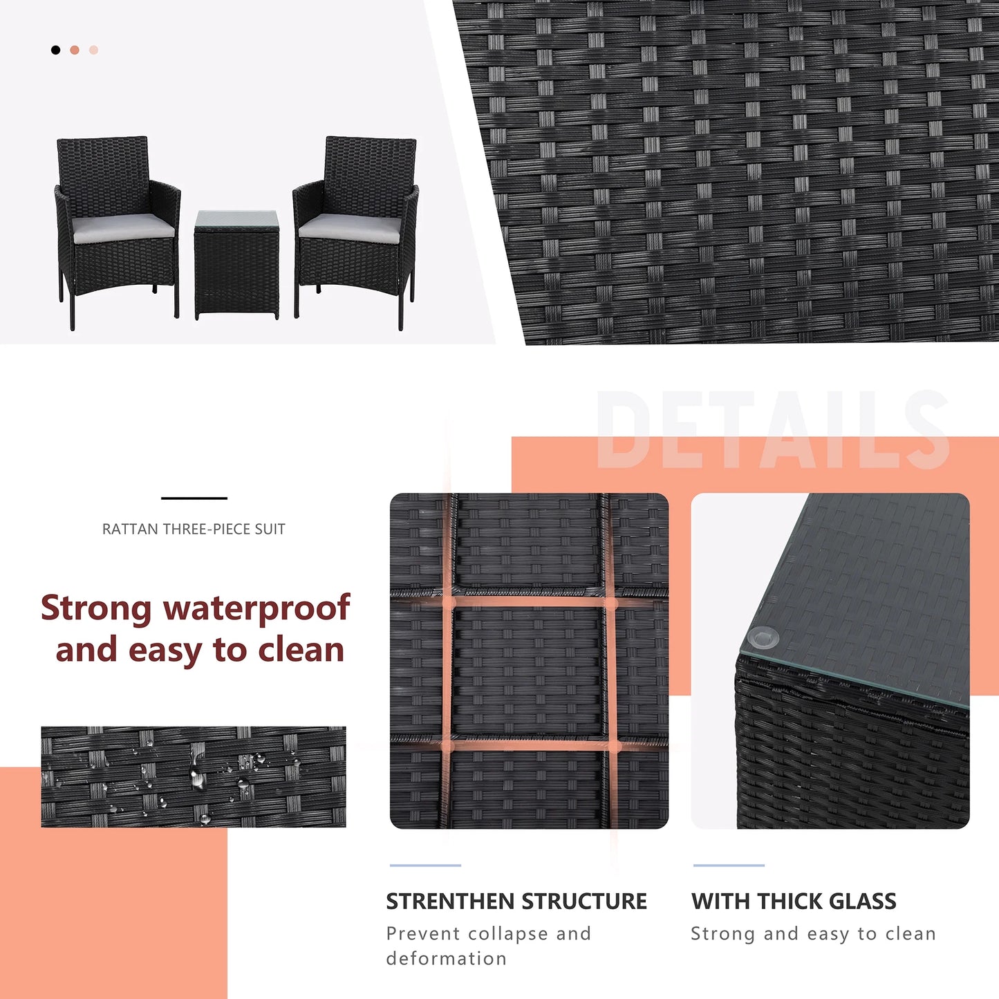 3 Pieces Outdoor Rattan Wicker Patio Furniture Set PE Chairs and Table Set